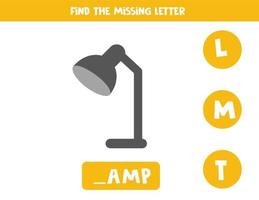 Find missing letter with cute lamp. Spelling worksheet. vector
