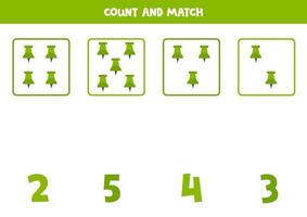 Counting game with green push pin. Math worksheet. vector