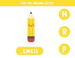 Find missing letter with cute pencil. Spelling worksheet. vector