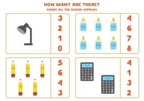 Counting game with cute kawaii school supplies. Math worksheet. vector