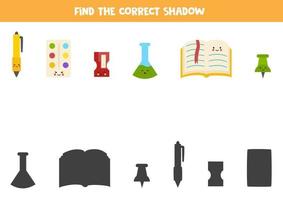 Find the correct shadows of cute kawaii school supplies. vector