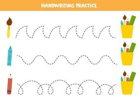 Tracing lines with cartoon school stationery. Writing practice. vector