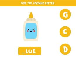 Find missing letter with cute glue. Spelling worksheet.
