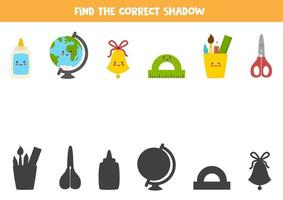 Find the correct shadows of cute kawaii school supplies. vector