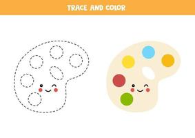 Trace and color cute kawaii palette. Worksheet for kids. vector