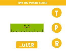 Find missing letter with cute ruler. Spelling worksheet. vector
