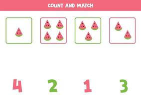 Counting game with watermelon slices. Math worksheet. vector