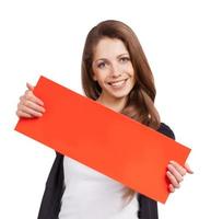 Cute long-haired girl with red placards photo