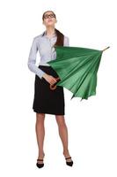 Woman is going to reveal a green umbrella photo