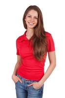 chica en jeans y una camiseta roja foto