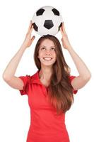 Girl holding a soccer ball on his head photo