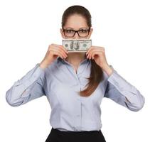 Girl holding a hundred dollar bill photo