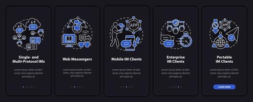 Messaging software dark onboarding mobile app page screen vector