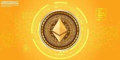 Golden symbol coin ethereum on electronic circuit background. vector