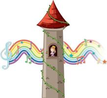 princesa en la torre con el símbolo de la melodía en la onda del arco iris vector