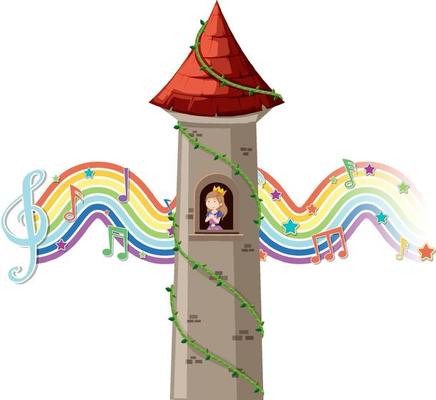 Princess in tower with melody symbol on rainbow wave