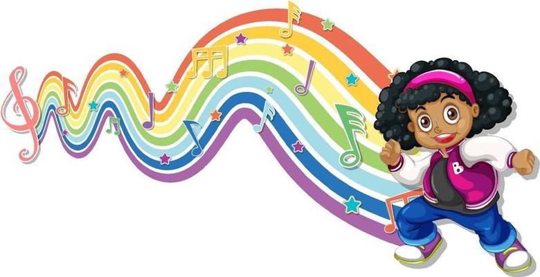 Cute girl with melody symbols on rainbow wave