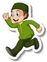 Sticker template with a muslim boy cartoon character isolated vector