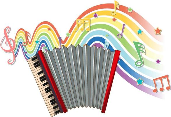 Accordion with melody symbols on rainbow wave