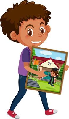 Cartoon character of a boy holding his graduation photo