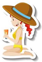 Girl applying sunscreen lotion cartoon character sticker vector