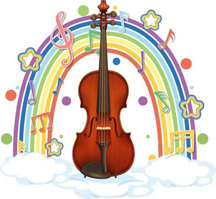 Violin with melody symbols on rainbow