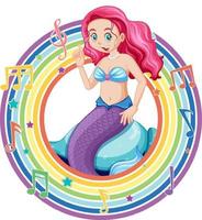 Beautiful mermaid in rainbow round frame with melody symbol vector