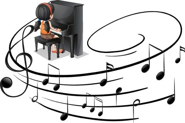 Musical melody symbols with a girl playing piano isolated