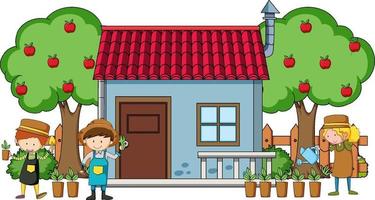 Front view of mini house with many kids on white background vector