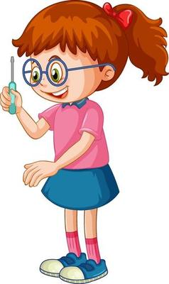 A girl holding screwdriver on white background