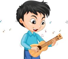 Personaje de un niño tocando el ukelele sobre fondo blanco. vector