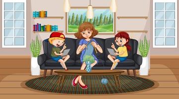 Children learning from home on electronic device vector