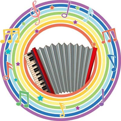 Accordion in rainbow round frame with melody symbols