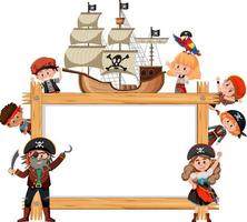 Empty wooden frame with many pirate kids cartoon character vector