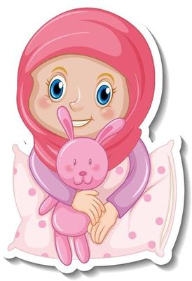 A sticker template with muslim girl hugs a pillow and rabbit doll