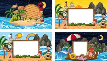 Set of different tropical beach scenes with blank banner vector