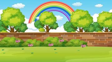 Escena del paisaje del parque con arco iris en el cielo vector