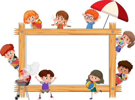 Empty wooden frame with many children cartoon character