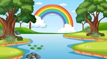 Nature scene background with rainbow in the sky vector