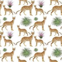 Seamless pattern with caracal and nature elements on white background vector