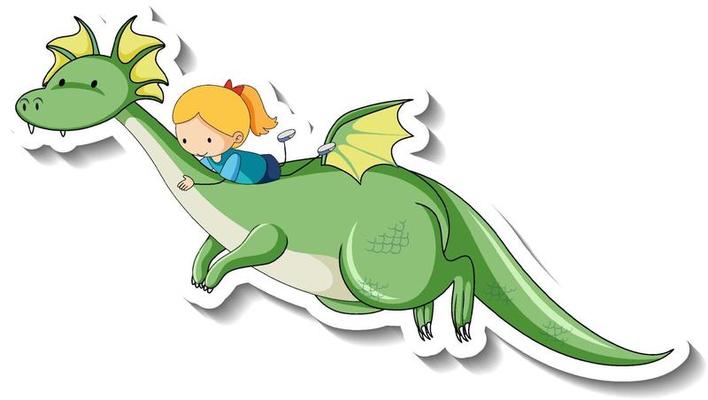 Sticker template with a little girl riding a fantasy dragon
