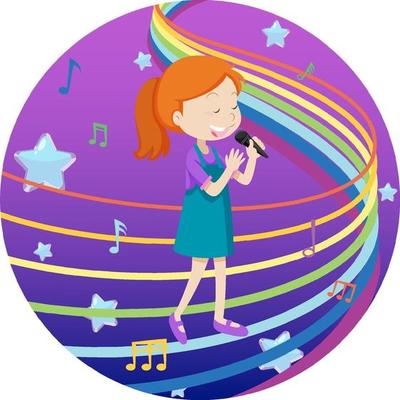 Girl singing with rainbow melody on purple gradient background