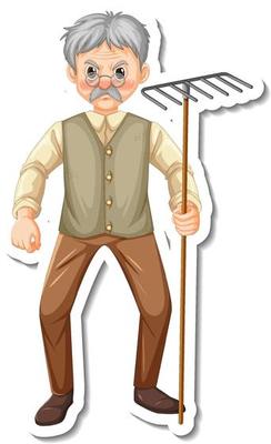 A gardener old man holds rake gardening tool