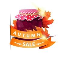 Venta de otoño, banner web aislado con tarro de mermelada y hojas de arce vector