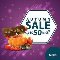 Autumn sale, square discount web banner with harvest of vegetables vector