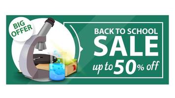 Back to school, discount web banner with microscope vector