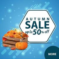 Autumn discount web banner with wooden crates of ripe pumpkins vector