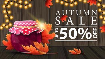 Autumn sale, discount web banner with wooden texture