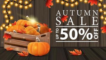 Autumn sale, discount web banner with wooden texture