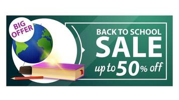 Back to school, discount web banner with globe and school textbooks